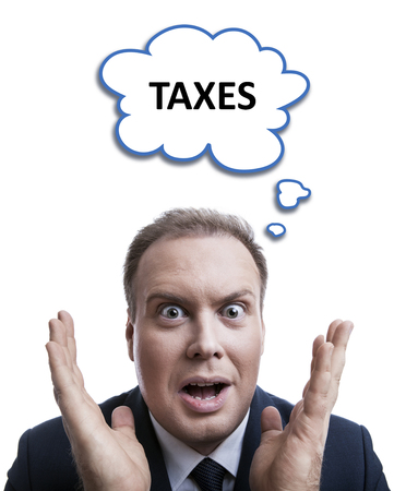 portrait of a man is surprised about taxes with a cloud isolatedの写真素材