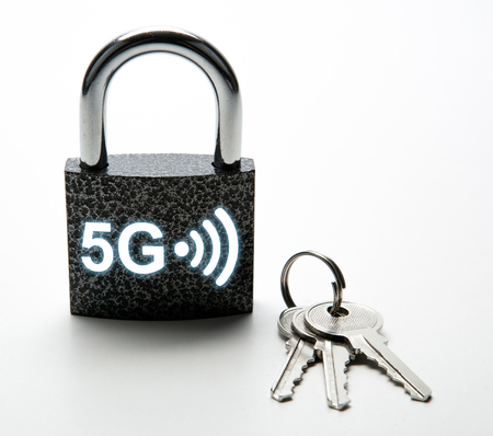 padlock with password 5G internet with keys on a white Internet security close upの写真素材