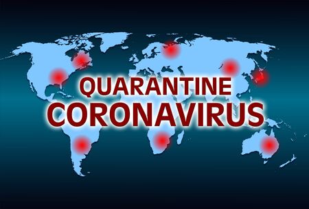 blue world map with black inscription quarantine coronavirus conceptの写真素材