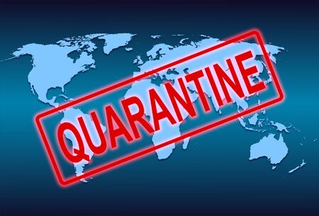 World map with red inscription quarantine as stamp printの写真素材