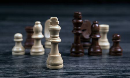 chess white king and various chess pieces on a wooden background as a still lifeの写真素材