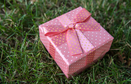 one pink gift box in children's hands as a giftの写真素材
