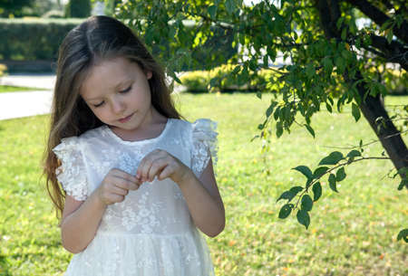 beautiful little girl in a white dress as a portrait closeupの写真素材