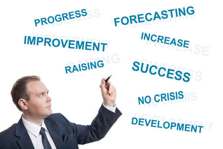 businessman analyst man and text lettering business concept on white backgroundの写真素材