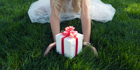 little girl in a pink dress on a green lawn portrait