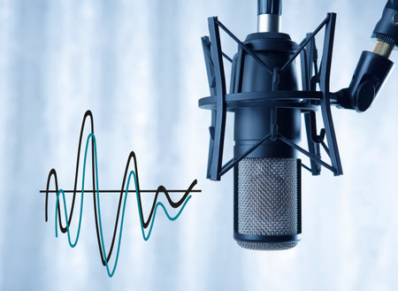 studio black condenser microphone and sound wavesの写真素材