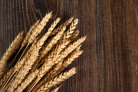 ears of wheat bouquet on brown wooden table top viewの写真素材