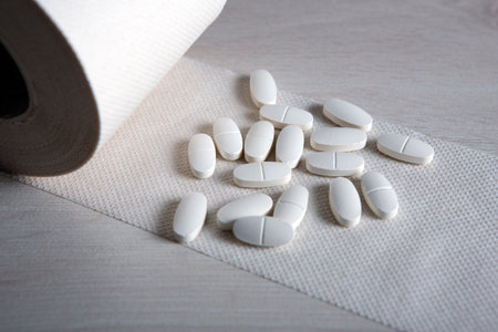 toilet paper roll with white pillson on the table close upの写真素材