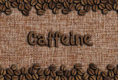 coffee beans with inscription caffeine on sackcloth background illustrationの写真素材
