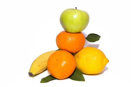 pyramid of fresh fruits, isolated on white backgroundの写真素材