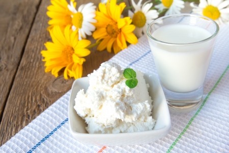 Healthy dairy products. Fresh natural plain milk and cottage cheese on wooden table (background) with flowers (daisies), horizontal with copy spaceの写真素材
