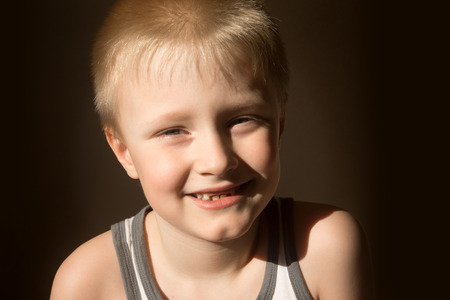 Happy cute smiling child (kid, boy), horizontal close up portrait, copy space