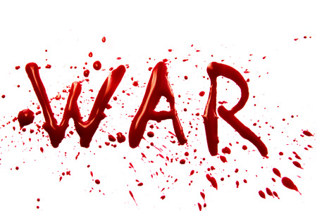 Bloody word War with splatters, dropplets, stains isolated on white backroundの写真素材