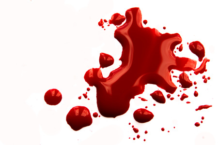 Blood stains (puddle, pool, splatter) isolated on white background close up, horizontalの写真素材