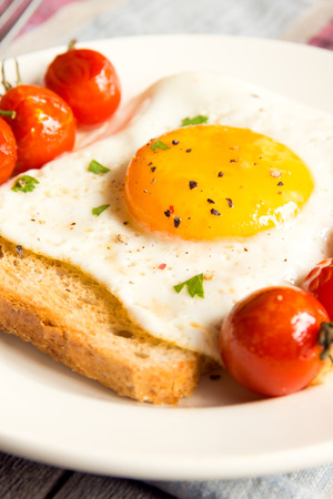 Fried egg on bread and fried tomatoes for breakfast on plate and rustic tableの写真素材