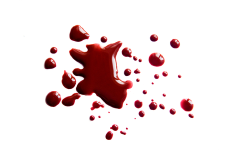 Blood stains (droplets) isolated on white background close up, horizontalの写真素材