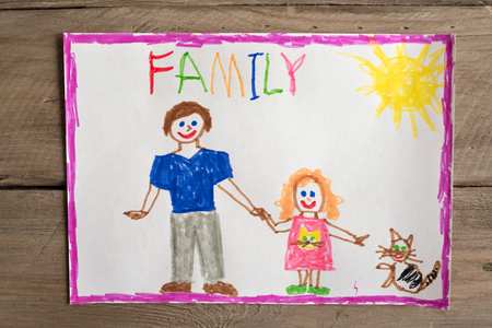 Children's drawing of family single dad and daughter. Incomplete family concept.の写真素材