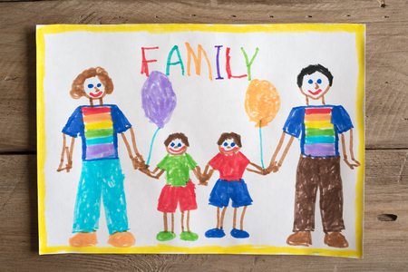 Children's drawing of LGBT family two dads and two sons. Same-sex homosexual family concept.の写真素材