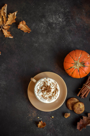 Pumpkin Spice Latte. Cup of Latte with Seasonal Autumn Spices and Cookies, top view, copy space. Traditional Coffee Drink for Autumn Holidays.の写真素材