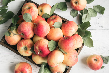 Red apples in wooden box. Organic red apples with leaves on white wooden background, top view.の写真素材