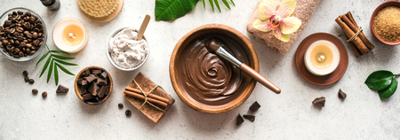 Chocolate and Coffee Spa flat lay on white background, top view, banner. Natural spa beauty products with coffee and chocolate.の写真素材