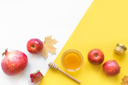Rosh hashanah (jewish New Year holiday) concept. Traditional symbols, top view, copy space.の写真素材
