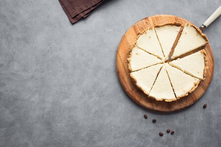 Classic Cheesecake. Cheesecake New York on grey background, top view, copy space.の写真素材