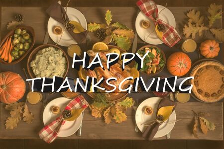 Thanksgiving Celebration Traditional Dinner Setting Food Concept. Thanksgiving Turkey with all sides...