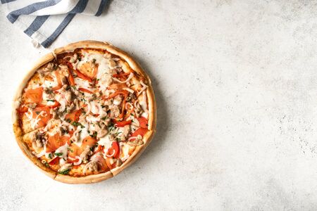 Fresh Barbecue Chicken Pizza with Vegetables and Mozzarella Cheese on white, top view, copy space.の写真素材