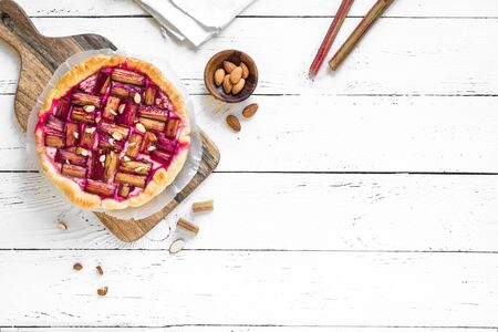 Rhubarb Pie or Tart with almonds, to view, copy space. Healthy homemade summer dessert, vegan rhubarb pie.の写真素材