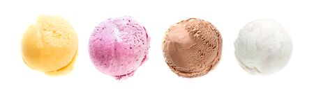Ice Cream Set, various  ice cream scoops isolated on white background, top view, copy space. Frozen...
