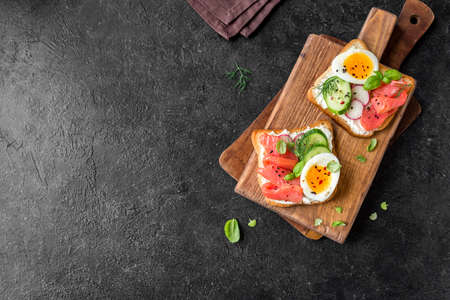 Healthy open salmon sandwich with cream cheese, soft egg, veggies and greens. Delicious protein fish sandwich for breakfast or brunch, top view, copy space.の写真素材