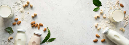 Vegan plant based milk and ingredients, top view, copy space. Various dairy free, lactose free nut and grains milk, substitute drink, healthy eating.の写真素材