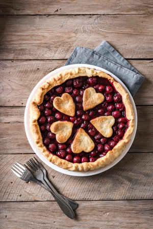 Homemade cherry pie on rustic wooden background, top view, copy space.の写真素材