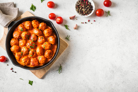 Homemade Meatballs in Tomato Sauce, top view, copy space. Beef meatballs in cast iron pan on white background.の写真素材