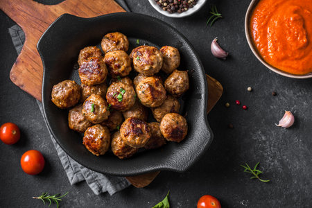 Fryed meatballs on black background, top view, copy space. Beef roasted meatballs on ready for eat.