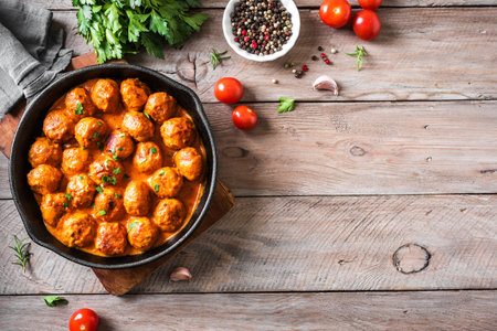 Homemade Meatballs in Tomato Sauce, top view, copy space. Beef meatballs in cast iron pan on wooden background.の写真素材