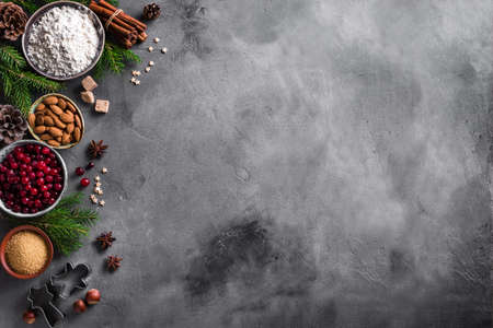 Christmas winter baking background with cranberris, nuts, food ingredients and seasonal spices, copy space. Cooking festive Christmas cookies for winter holidays.の写真素材