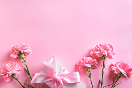 Mother's Day, Women's or Valentine's Day design concept, beautiful pink carnation flowers and gift...