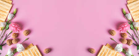Pesah celebration concept (Jewish Passover holiday), copy space, banner. Traditional matza bread...