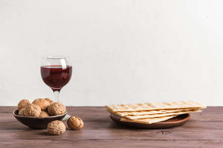 Pesah celebration concept (Jewish Passover holiday), copy space.