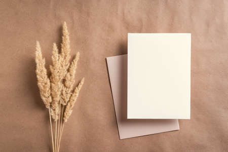 Greeting or invitation card mockup with beige envelope and dry plant on craft beige background, top view, copy spaceの写真素材