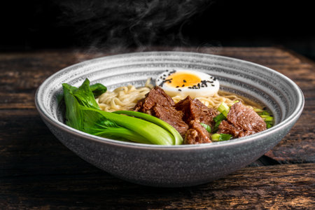 Fresh steaming beef ramen noodle soup serving with egg and pak choi, close up.の写真素材
