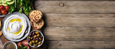 Labneh yogurt cream cheese with olive oil, zaatar, olives, vegetables and pita bread on wooden background, copy space, banner. Traditional arabian or middle eastern breakfast with homemade labneh dip.の写真素材