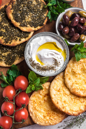Arabic breakfast, labneh yogurt, manakeesh or pita bread with cheese and zaatar, olives and vegetables, top view, banner. Middle eastern meal, Arabic cuisine.の写真素材