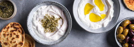 Labneh yogurt cream cheese with olive oil and zaatar, banner. Traditional arabian or middle eastern homemade labneh dip.の写真素材
