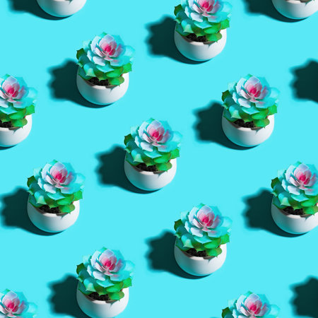 Summer pattern made with succulent cactus on bright blue background. Minimal trendy summer concept.の写真素材