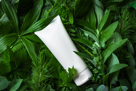 Organic cosmetic product tube on green leaves as background. Natural eco cosmetic and organic plant based skin care concept.の写真素材