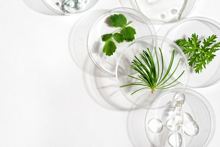 Petri dishes, cosmetic gel swatches and plants on white background, copy space. Bio science...