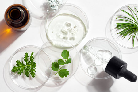 Petri dishes, cosmetic gel swatches and plants on white background close up. Bio science research, organic skin care concept.の写真素材
